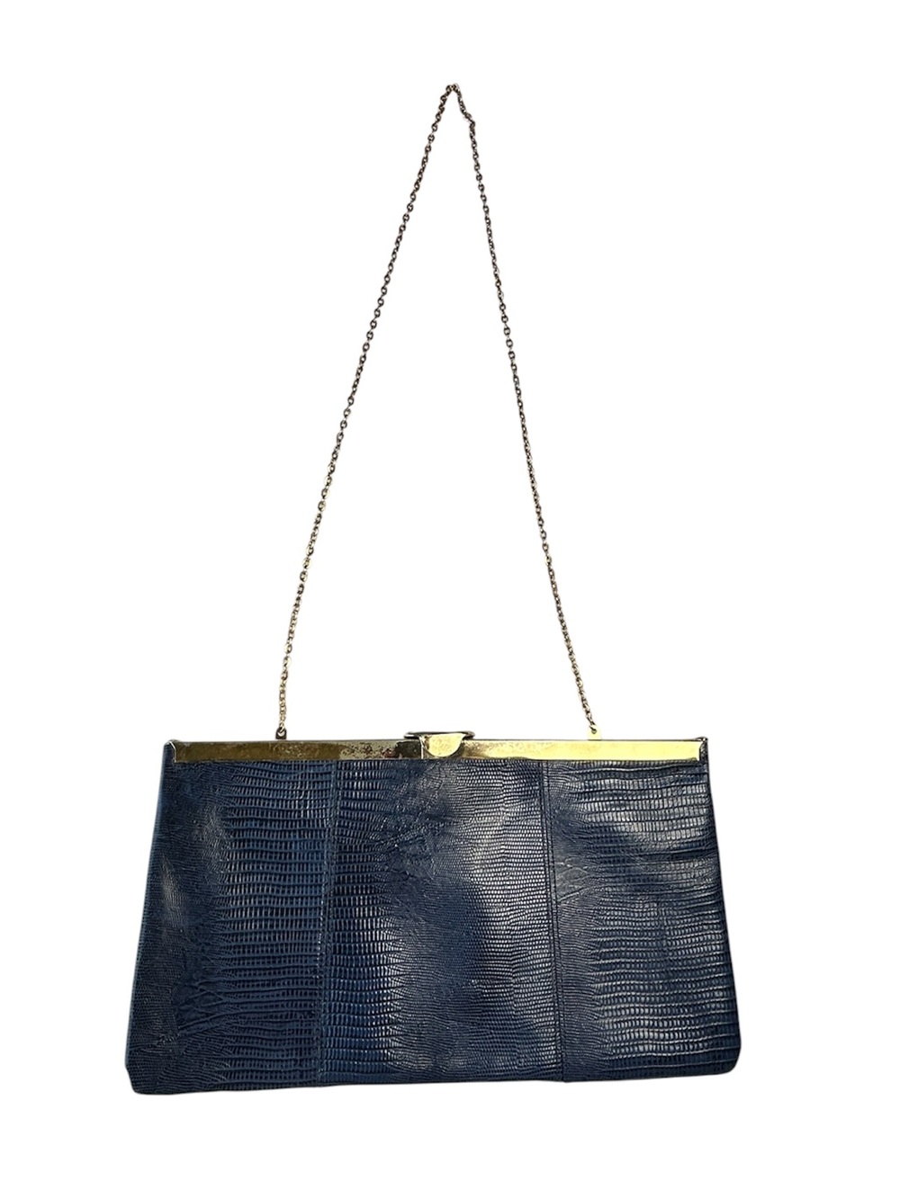 Vintage 60s Etra Navy Leather Clutch with Gold Chain Strap